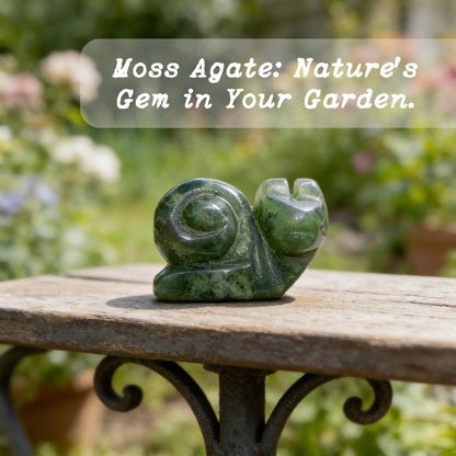 Moss Agate Crystal Garden Decor - Green Thumb Gardening Gift for Plant Lovers, Natural Stone Lucky Charm for Garden Soil, Potted Plants, Indoor Outdoor Nature Decor (Snail)