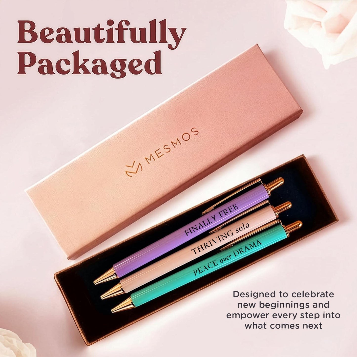 MESMOS 3pcs High End Luxury Happy Divorce Gifts for Women, Strong Woman Gifts, Gift to Cheer Someone up Women, Break up Gift for woman, Boss, & Friends. German-Ink & 1mm Swiss-Tip Motivational Pens
