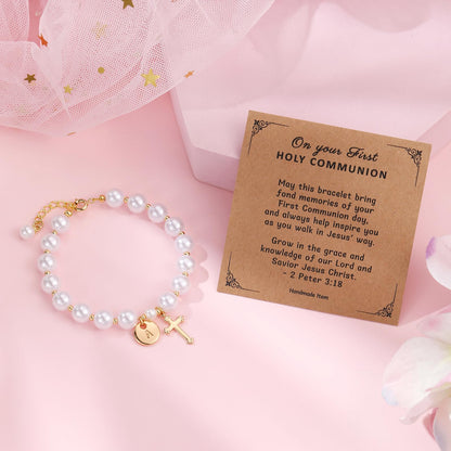Initial First Holy Communion Confirmation Baptism Bracelets Gifts for Women Girls, Catholic First 1st Communion 14K Gold Pearl Cross Charm Bracelet Personalized A-Z for Goddaughter Niece