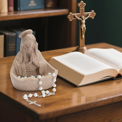 Virgin Mary Statue, Catholic Gifts for Women, Virgin Mary Keepsake Rosary Holder, 5.5" Blessed Mother Statues, Catholic Decor (Sandstone)