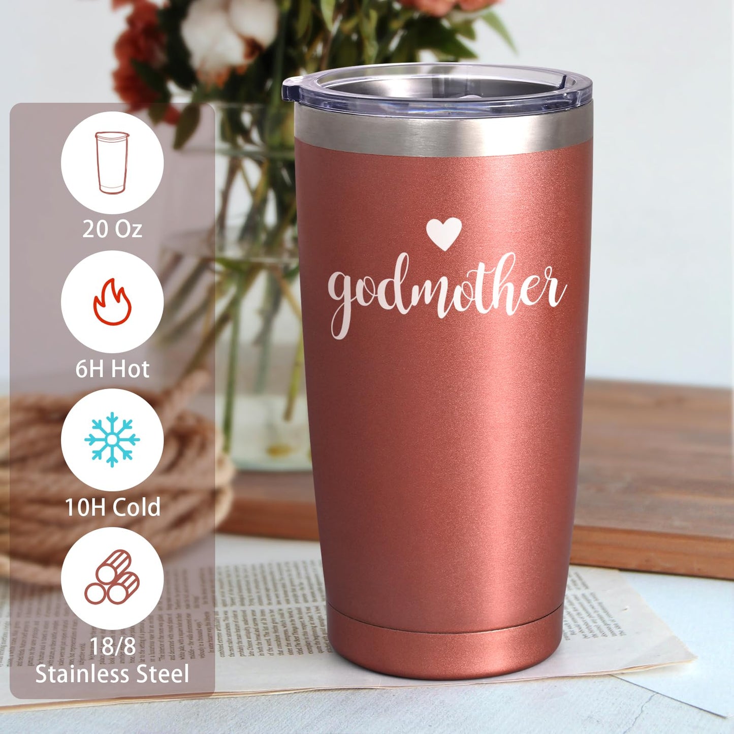 LiqCool Godparents Proposal Gift, Godmother & Godfather 20Oz Tumbler with Keychain & Gift Box Set, Baptism & Christmas(Black & Rose Gold)