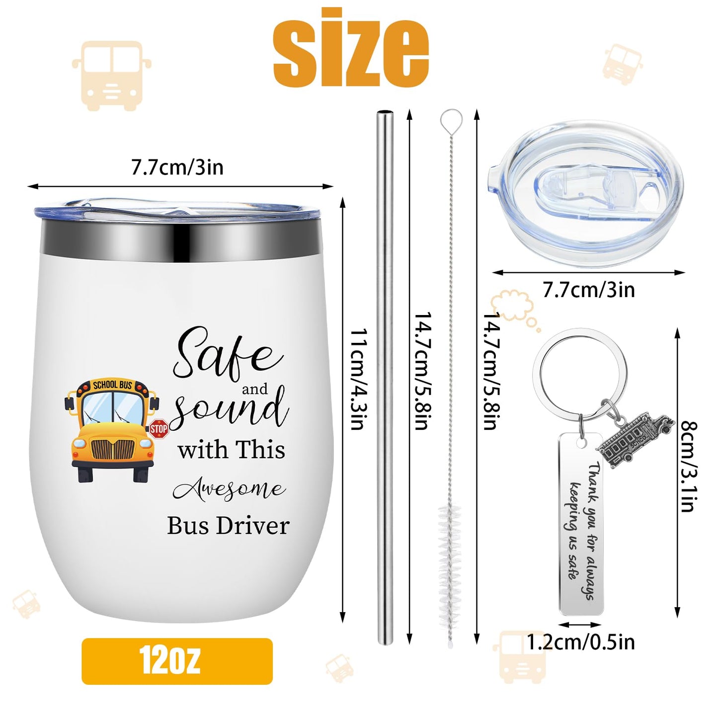 Rtteri 6 Pcs Bus Driver Appreciation Gifts for Men Women School Bus Driver Gifts 3 Stainless Steel Thank You Keychains and 3 Tumbler Cups 12 oz with Lid & Straw