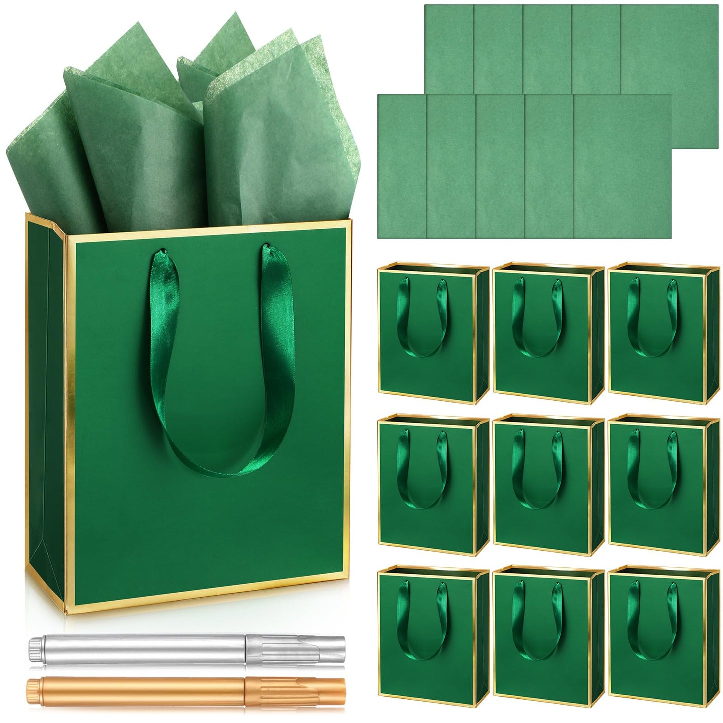 Yeaqee 10 Pack Metallic Paper Gift Bags with Handle Tissue Paper Thank You 5 Senses Gift Bag for Birthday Wedding Baby Shower Groomsmen Bridal Graduation Party Favor 9 x 7 x 3.15''(Green, Gold)