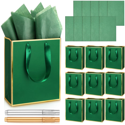 Yeaqee 10 Pack Metallic Paper Gift Bags with Handle Tissue Paper Thank You 5 Senses Gift Bag for Birthday Wedding Baby Shower Groomsmen Bridal Graduation Party Favor 9 x 7 x 3.15''(Green, Gold)