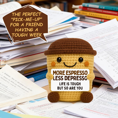 Funny Coffee Lover Gifts for Women Men - Encouragement Gifts for Coworker Friend - Handmade Crochet Coffee - Unique Inspirational Desk Decor & Thinking of You Gift