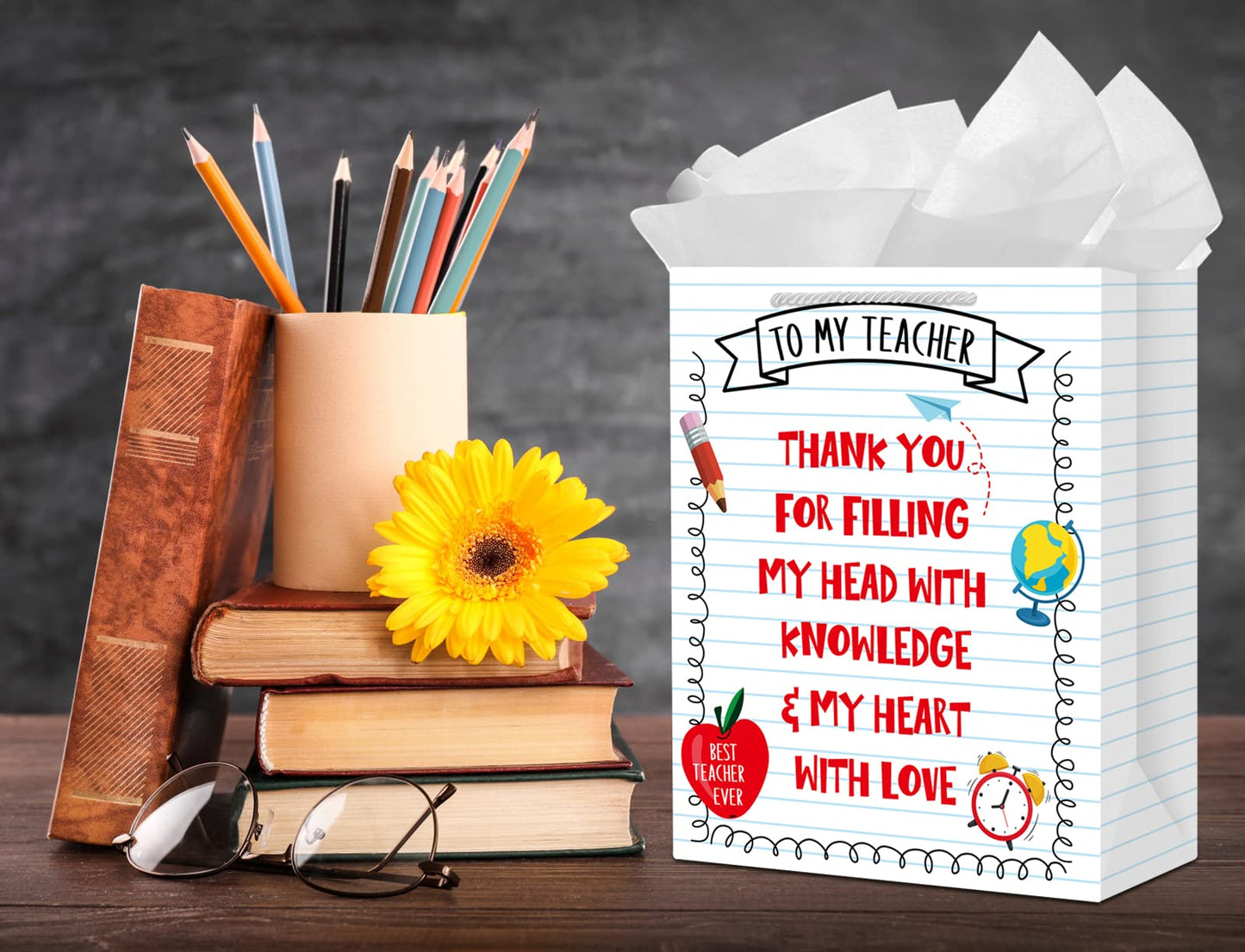 PETCEE Teacher Appreciation Gift Bags - 11.5" Teacher Gift Bags with Tissue Paper Thank You Teacher End of Year Gifts for Retirement Teachers Graduation Wrapping Paper Bag for Teachers Women Men