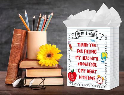 PETCEE Teacher Appreciation Gift Bags - 11.5" Teacher Gift Bags with Tissue Paper Thank You Teacher End of Year Gifts for Retirement Teachers Graduation Wrapping Paper Bag for Teachers Women Men