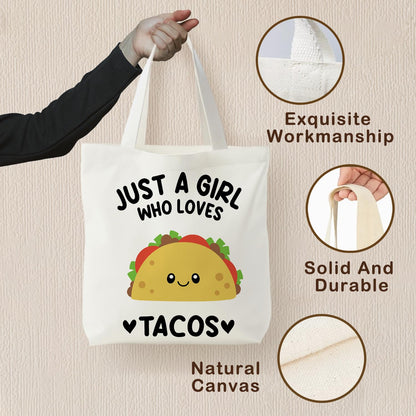 KEUSPI Mexican Taco Gifts Tote Bag for Women, Mexican Gifts Canvas Tote Bag, Gift for Taco Lovers, Just a Girl Who Loves Tacos Reusable Shopping Grocery Bags