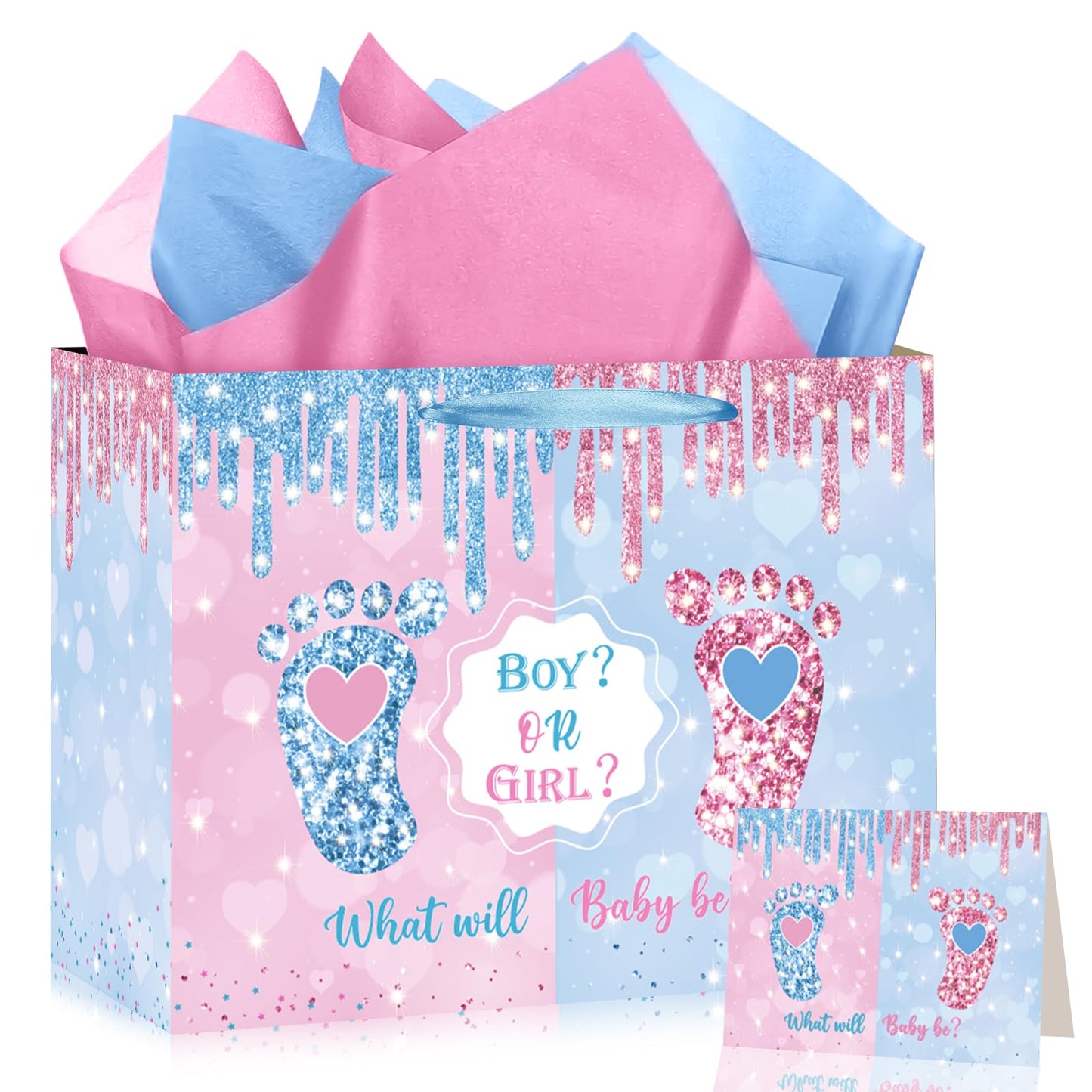 Gender Reveal Gift Bag Blue Pink Boy or Girl Paper Bag with Wrapping Paper Card What Will Baby Be Party Decoration Little Feet Treat Candy Bag for Baby Shower Gender Reveal Birthday Party Supplies