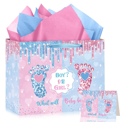 Gender Reveal Gift Bag Blue Pink Boy or Girl Paper Bag with Wrapping Paper Card What Will Baby Be Party Decoration Little Feet Treat Candy Bag for Baby Shower Gender Reveal Birthday Party Supplies
