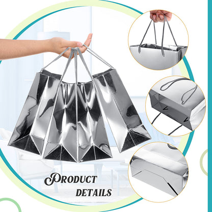 TaoBary 12 Pack Silver Gift Bags with Tissue Paper, 9''x8''x4'' Metallic Paper Bags with Handles, Medium Size for Wedding, Birthday, Baby Shower Party Favors