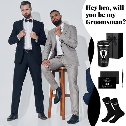 Nuanchu 6 Pcs Groomsmen Officiant Gifts Wedding Proposal Gift for Best Man Groomsman 17 Oz Coffee Cup Tumbler Socks Multi Tool Ballpoint Pen with Greeting Card Envelope(Black)
