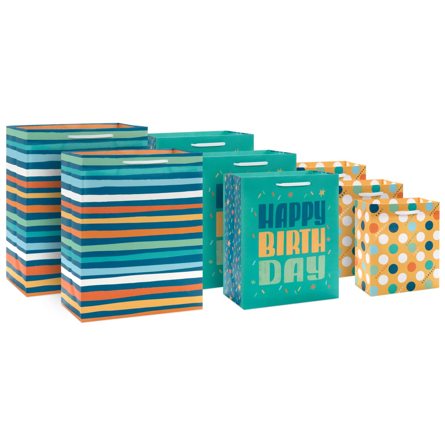 Hallmark Teal and Yellow Birthday Gift Bag Assortment (8 Bags: 3 Small 6", 3 Medium 9", 2 Large 13") Dots, Stripes, Happy Birthday