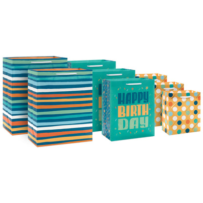 Hallmark Teal and Yellow Birthday Gift Bag Assortment (8 Bags: 3 Small 6", 3 Medium 9", 2 Large 13") Dots, Stripes, Happy Birthday
