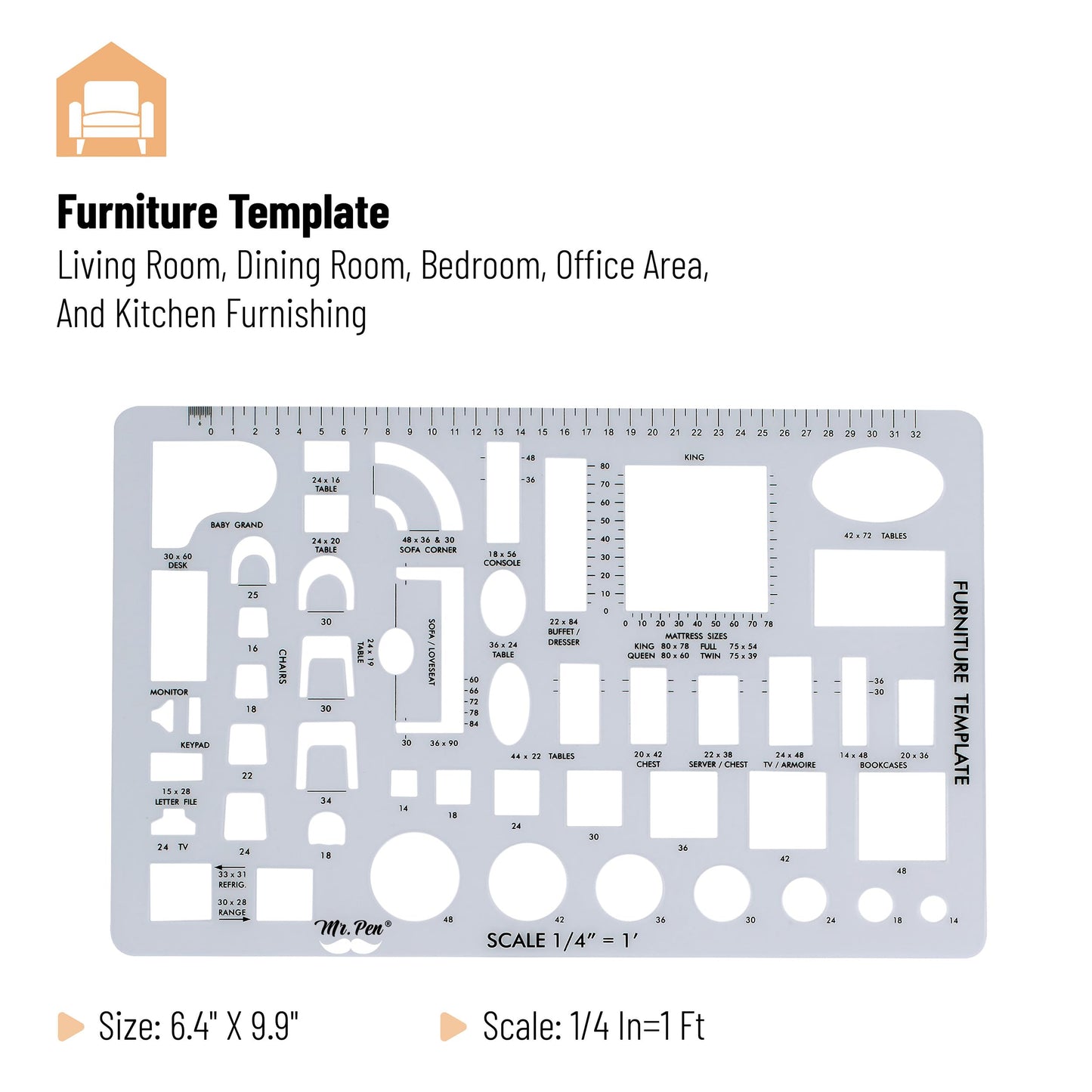 Mr. Pen- House Plan, 3 pcs, Interior Design and Furniture Templates, Clear Flexible Plastic, Drafting Tools, Ruler Shapes for Architecture, 1/4 Inch Scale, Kitchen, Bath, Bedroom, Office, Living Room