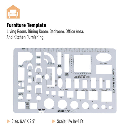 Mr. Pen- House Plan, 3 pcs, Interior Design and Furniture Templates, Clear Flexible Plastic, Drafting Tools, Ruler Shapes for Architecture, 1/4 Inch Scale, Kitchen, Bath, Bedroom, Office, Living Room
