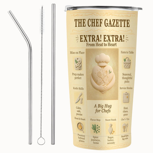 Chef Gifts 20 oz Tumbler, Vintage Newspaper Print Insulated Stainless Steel Travel Mug for Men & Women, Retro Culinary Appreciation Cup