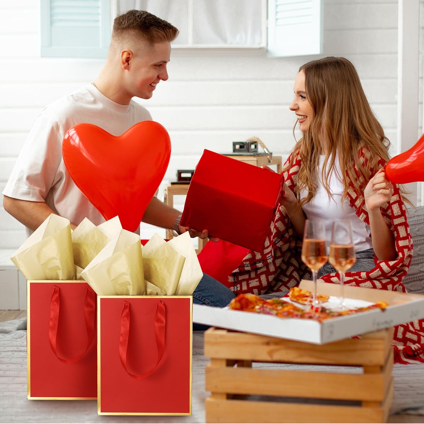 Yeaqee 24 Pack Metallic Paper Gift Bags with Handle and Tissue 9x7x3.1 Gold Foil Welcome Thank You Favor Bags Return Gifts for Wedding Graduation Bridesmaid Groomsmen Birthday(Red Gold)