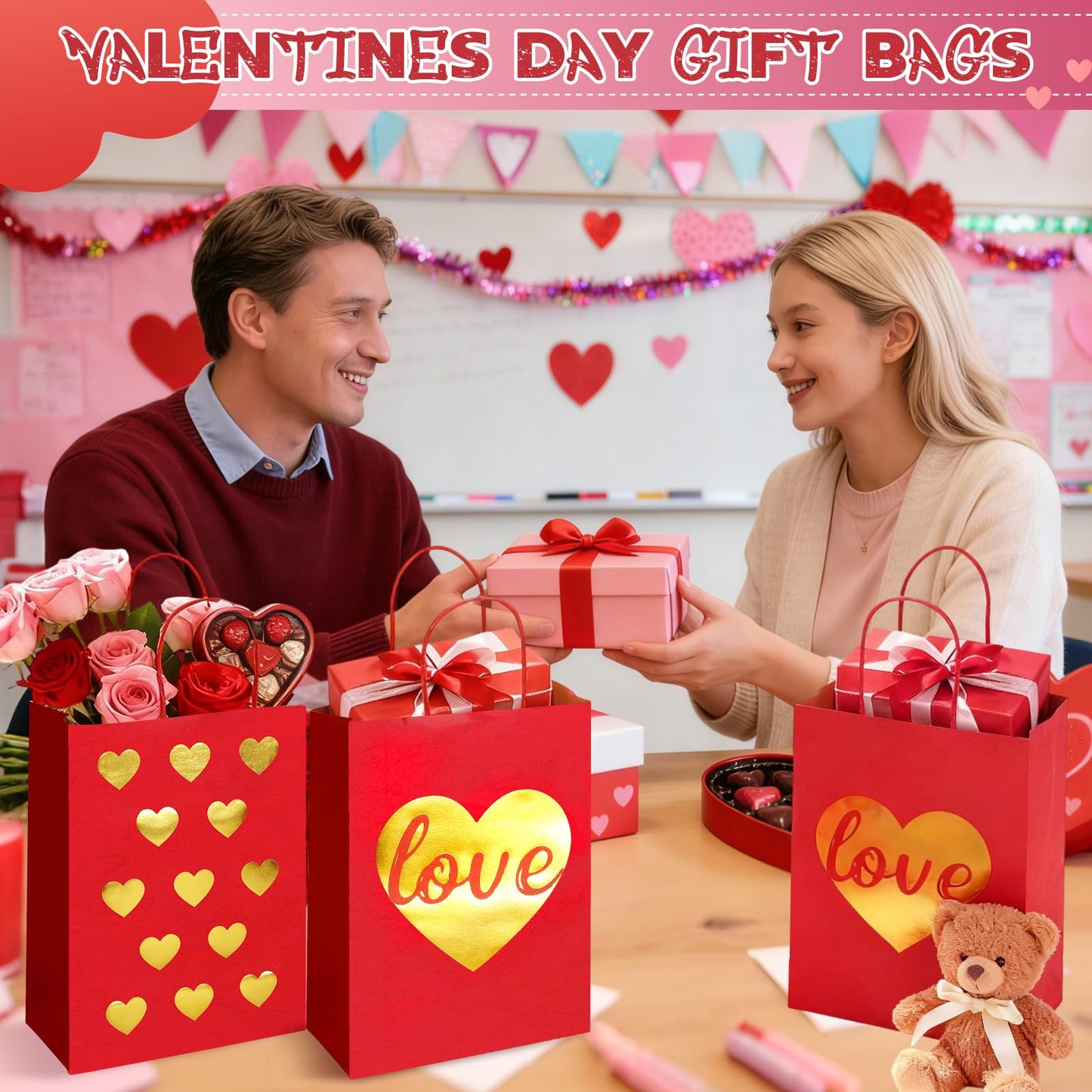 FOGWOWO 24 Pcs Valentines Gift Bags with Foiling Gold Heart in Red Gift Bags Valentines Bags Love Gift Bag Kraft Paper with Handles Goodie Bag for Wedding Birthday Holiday Party Wrapping Supplie