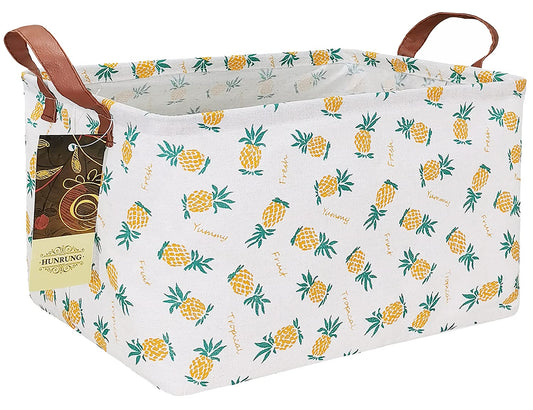 Rectangle Canvas Storage Basket Foldable Waterproof Toy Organizer Bin with Handles Fabric Collapsible Storage Bins for Shelves Kids Room Playroom Nursery Clothes and Pet Supplies(Rectangle Pineapple)