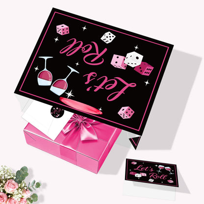 Bunco Gift Bag Set Dice Wine All-in-One Gift Wrapping Kit with Greeting Card, Sticker, Envelope and Tissue Paper for Birthday, Bridal Shower, Girls Night, Let's Roll Bachelorette Party Favors Decor