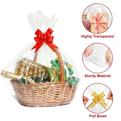 Ohuimrt 50Pcs Cellophane Bags 3 Sizes Cellophane Wrap 24x30 16x24 12x18 Inch Large Clear Plastic Bags with 50 Pull Bows for Gift Baskets Packaging