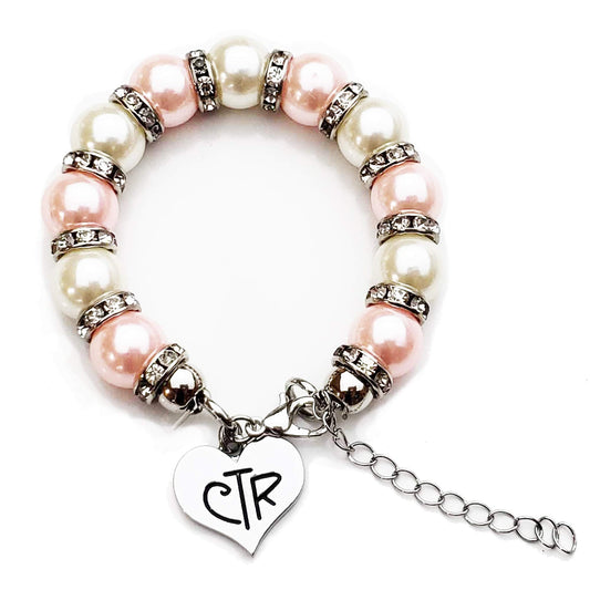 LDS Baptism Gift, CTR Charm Bracelet, Pink and White Faux Pearls with Crystals, Choose The Right Gifts for Girls, Presents From Grandma, Mom, Aunt, Uncle, Granddaughter Daughter Present, Baptize Birthday Communion Jewelry