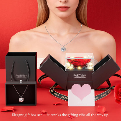 Preserved Red Rose Necklace with I Love You Heart - Forever Flowers Romantic Gifts for Women Mom Wife Girlfriend Grandma, Perfect for Valentine's Day Mother's Day Christmas Anniversary Birthday