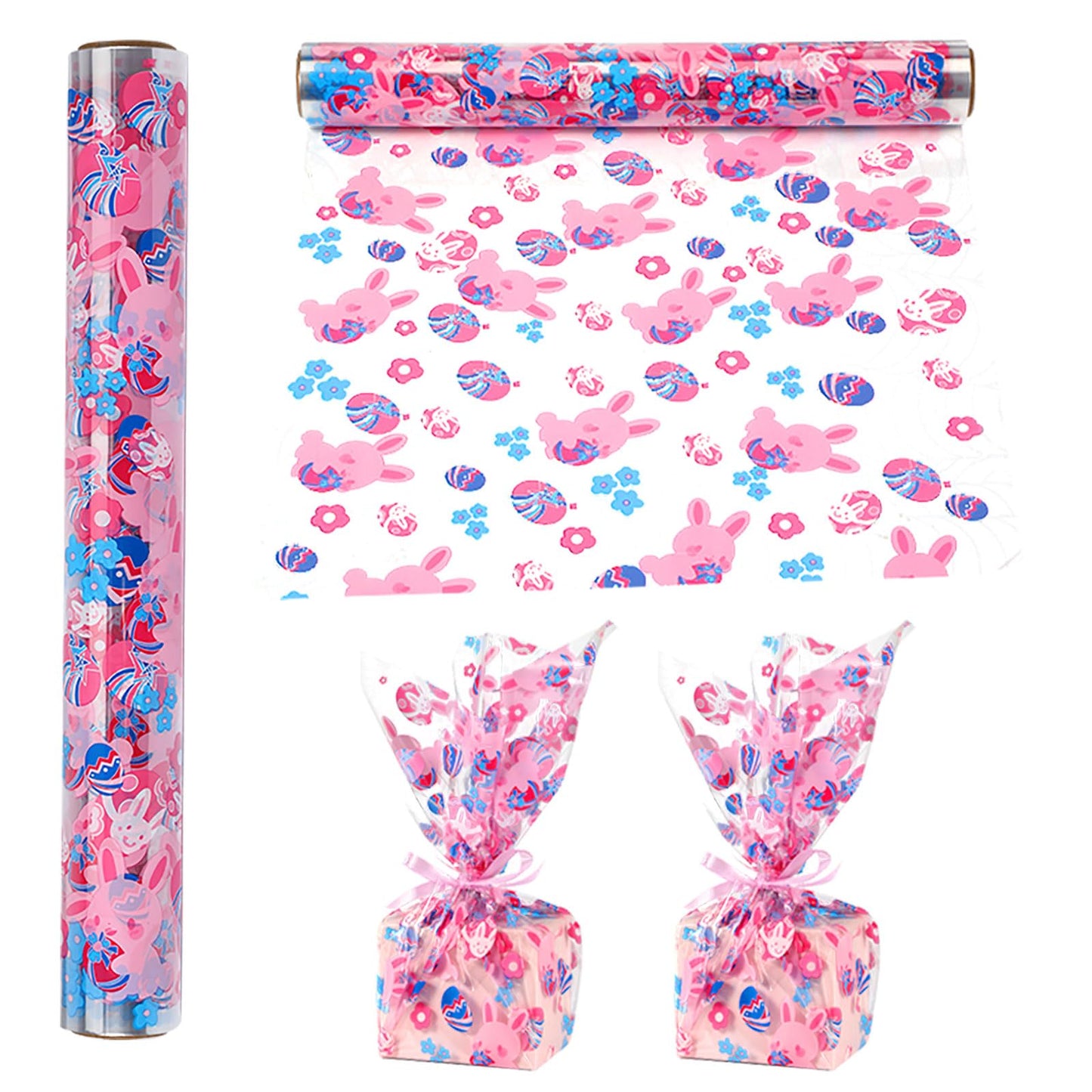 shareluck 100ft Easter Cellophane Wrap Roll - Easter Cello Wrapping Paper for Gift Baskets, Treats-Bunny Design & Eggs Cellophane. (100ft Long x 16” Wide x 2.5Mil)