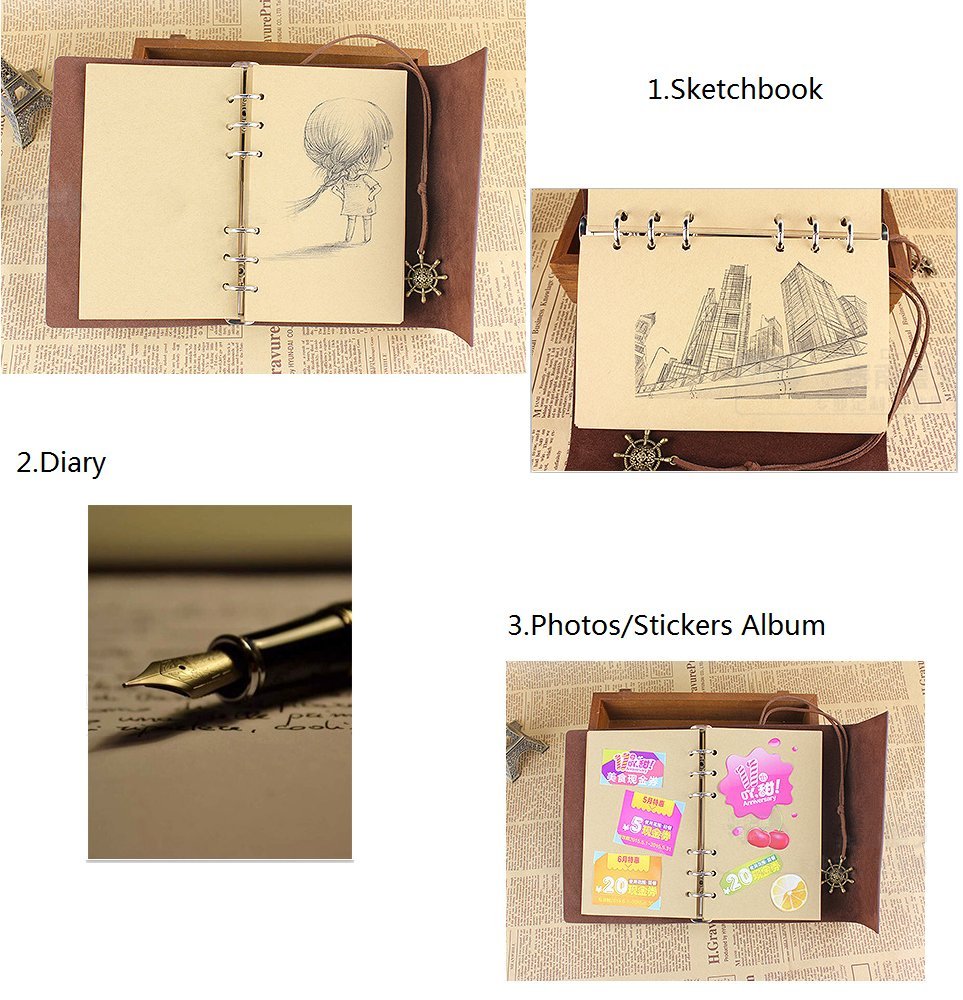 Leather Writing Journal Notebook, MALEDEN Vintage Traveler Notebook Sketchbook Classic Refillable Diary Planner for Girls and Boys with Blank Paper and Zipper Pocket