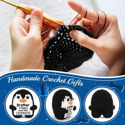 CryCarrot Mini Funny Fathers Day Brother Gifts from Sister Brother, Handmade Crochet Mini Penguin Birthday Gifts for Brother Boy Friend, I Love You Brother for Fathers Day Present Positive Cute Decor