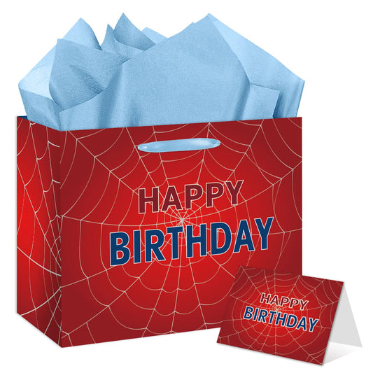 EIGHTSTATES Spider Web Birthday Gift Bag - Red Spider Theme Party Gift Bag with Card & Tissue Paper - Halloween Birthday Decor for Kids, Boys & Girls - Baby Shower Party Decorations Supplies