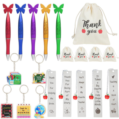 20 PCS Teacher Appreciation Gifts in Bulk 5,Teacher Gifts Metal Bookmarks Teacher Keychains Butterfly Tops Pens Thank You Burlap Drawstring Bags Teacher Appreciation Week Gift Set