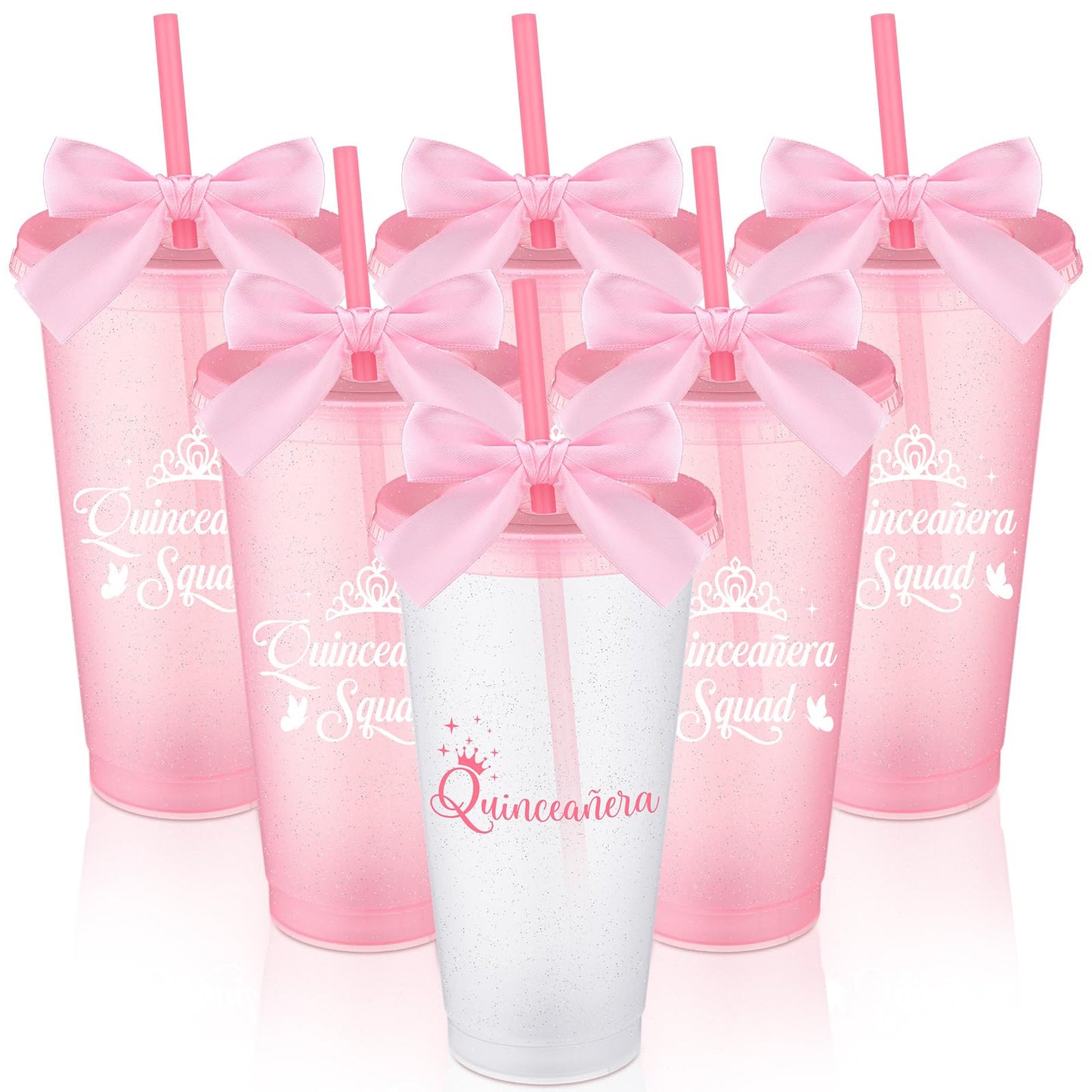 Jingmore 6 Pcs Quinceanera Party Favors for Guests 15th Quinceañera Squad Reusable Tumbler with Straw Lid Twist Bow 24 oz Spanish Gift 15 Birthday Party Thank You Gifts (Pink)
