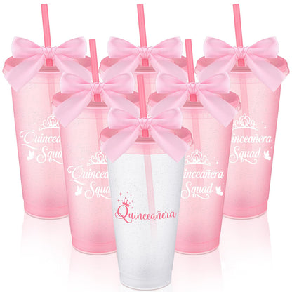 Jingmore 6 Pcs Quinceanera Party Favors for Guests 15th Quinceañera Squad Reusable Tumbler with Straw Lid Twist Bow 24 oz Spanish Gift 15 Birthday Party Thank You Gifts (Pink)