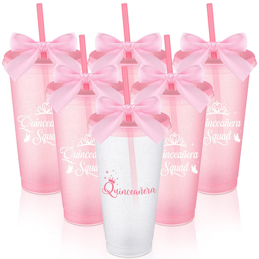 Jingmore 6 Pcs Quinceanera Party Favors for Guests 15th Quinceañera Squad Reusable Tumbler with Straw Lid Twist Bow 24 oz Spanish Gift 15 Birthday Party Thank You Gifts (Pink)