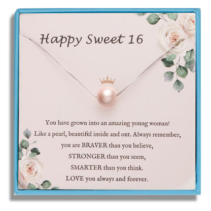 Sereney Sterling Silver Birthday Gifts for Girls Women, Pearl Necklace as 7 9 10 11 13 15 16 18 21 30 40 50 60 Year Old Birthday Gifts, Single Pearl Necklace as Bday Gifts for Friends