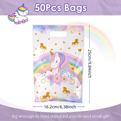 50 Pcs Unicorn Party Favor Bags with Handles - Plastic Treat Bags for Candy & Small Gifts, Bulk Supplies for Wedding Baby Shower Goodie Bags, Holiday Gift Bags for Thanksgiving Halloween Christmas New Years, Birthday Party Decorations