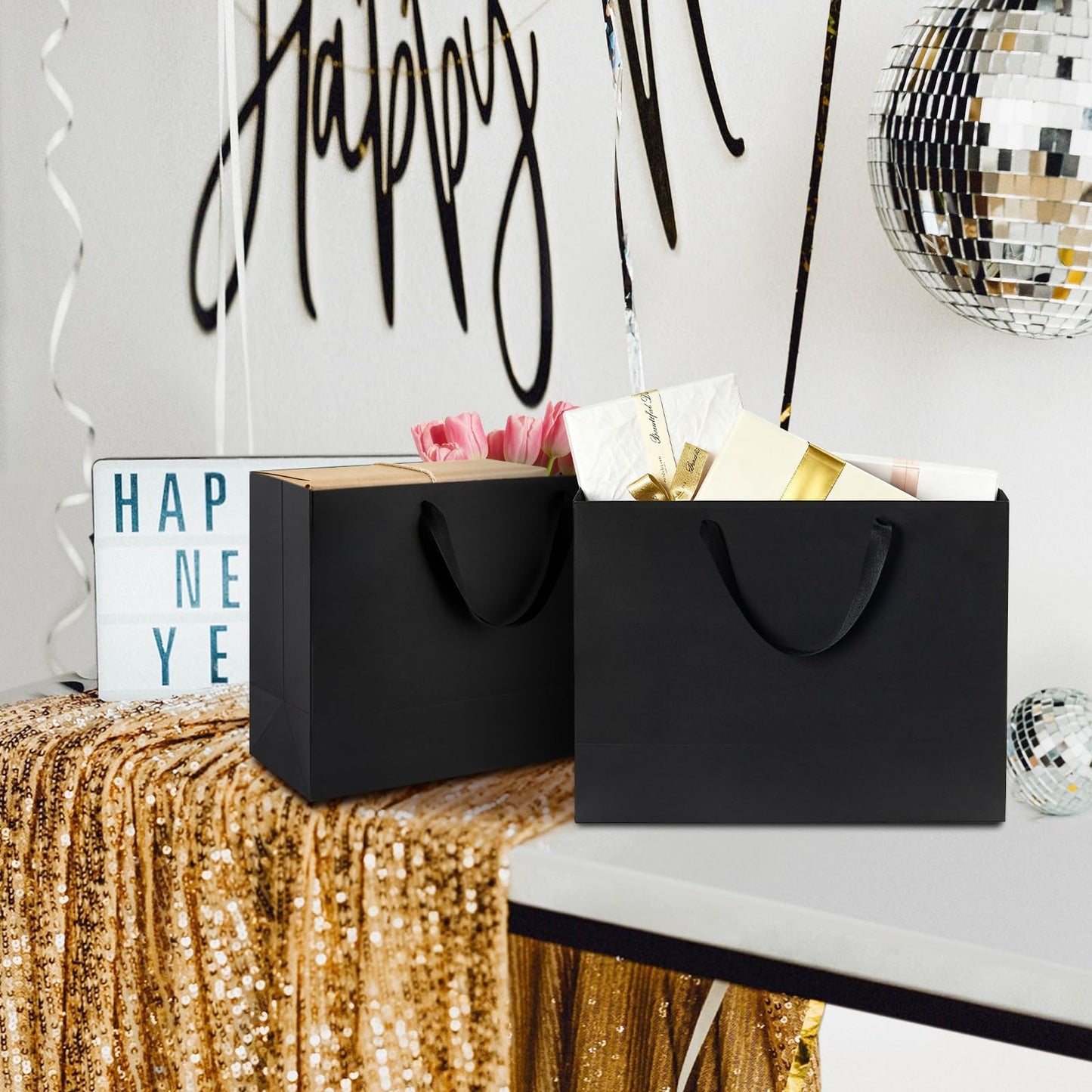 Ohuimrt 12-Count Extra Large Black Gift Bags with Tissue Paper, 16x6x12 Inch Premium Matte Black Paper Bags with Handles for Party Shopping Birthday Wedding