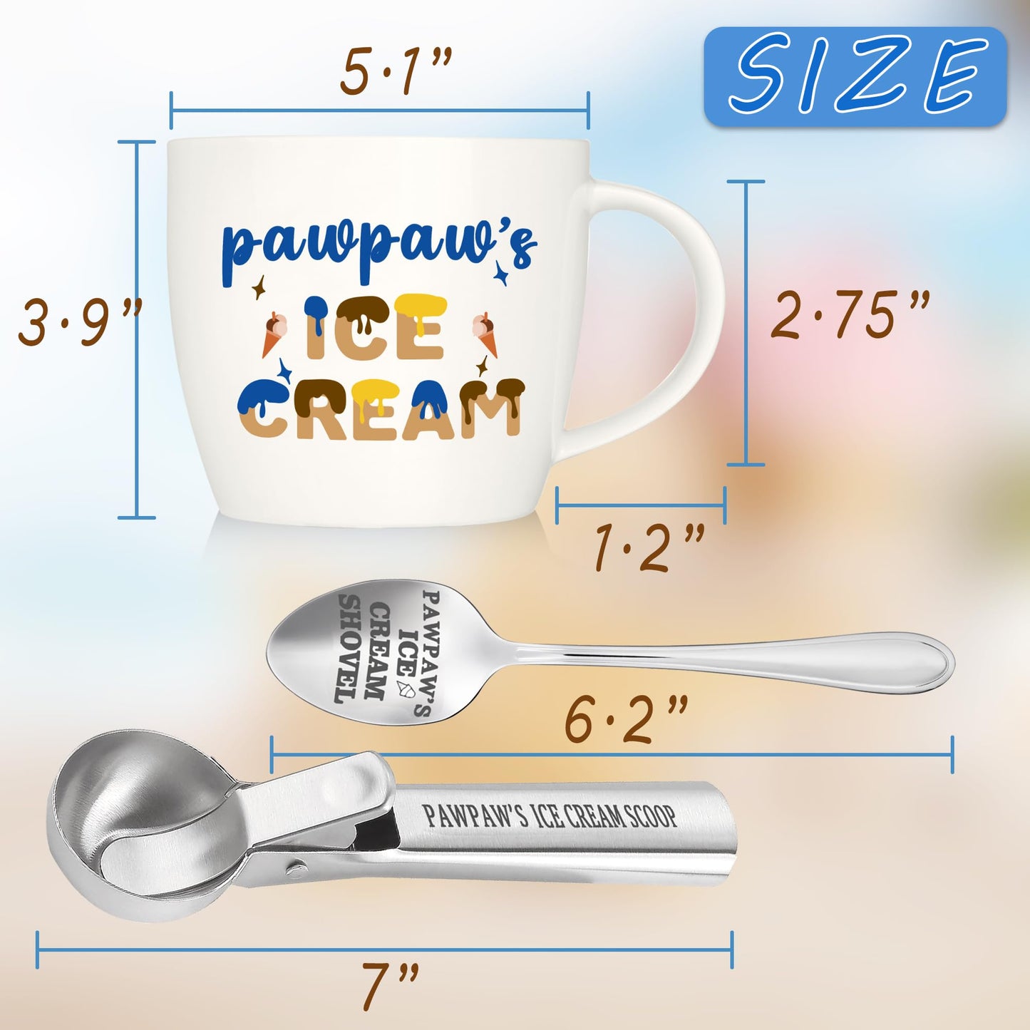 Paw Paw Gifts, Gifts for Pawpaw from Grandkids, Pawpaw's Ice Cream Bowl Scoop Shovel Spoon Set, Pawpaw’s Ice Cream Gift, Christmas Birthday Grandparents Day Gift for Him Man