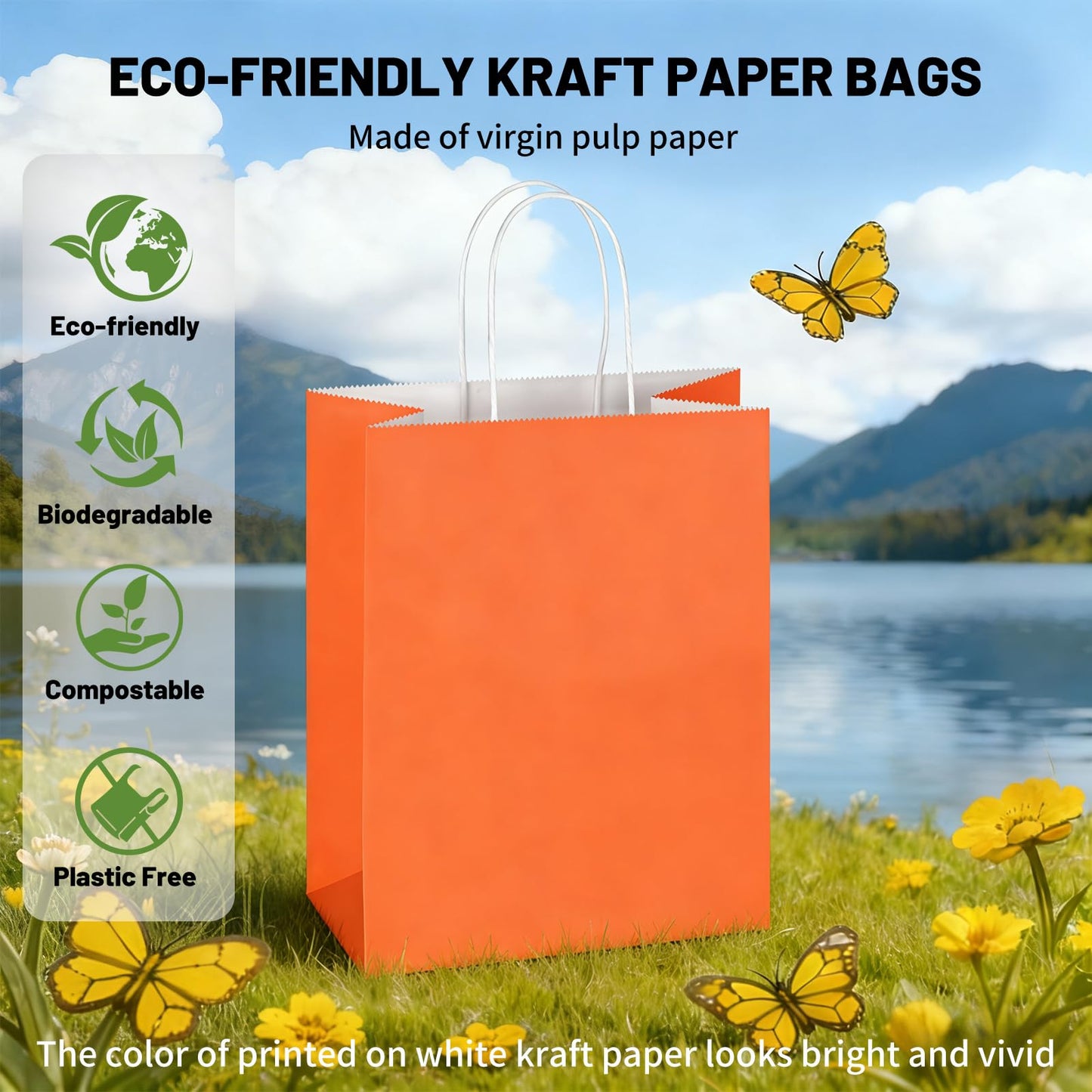 Mlyta 100 Pack 8x4.75x10 Inch Medium Orange Kraft Paper Gift Bags with Handles Bulk for Goodie, Party Favor, Brithday Grocery Shopping, Small Business Wedding Retail Craft Treat, Merchandise Sacks