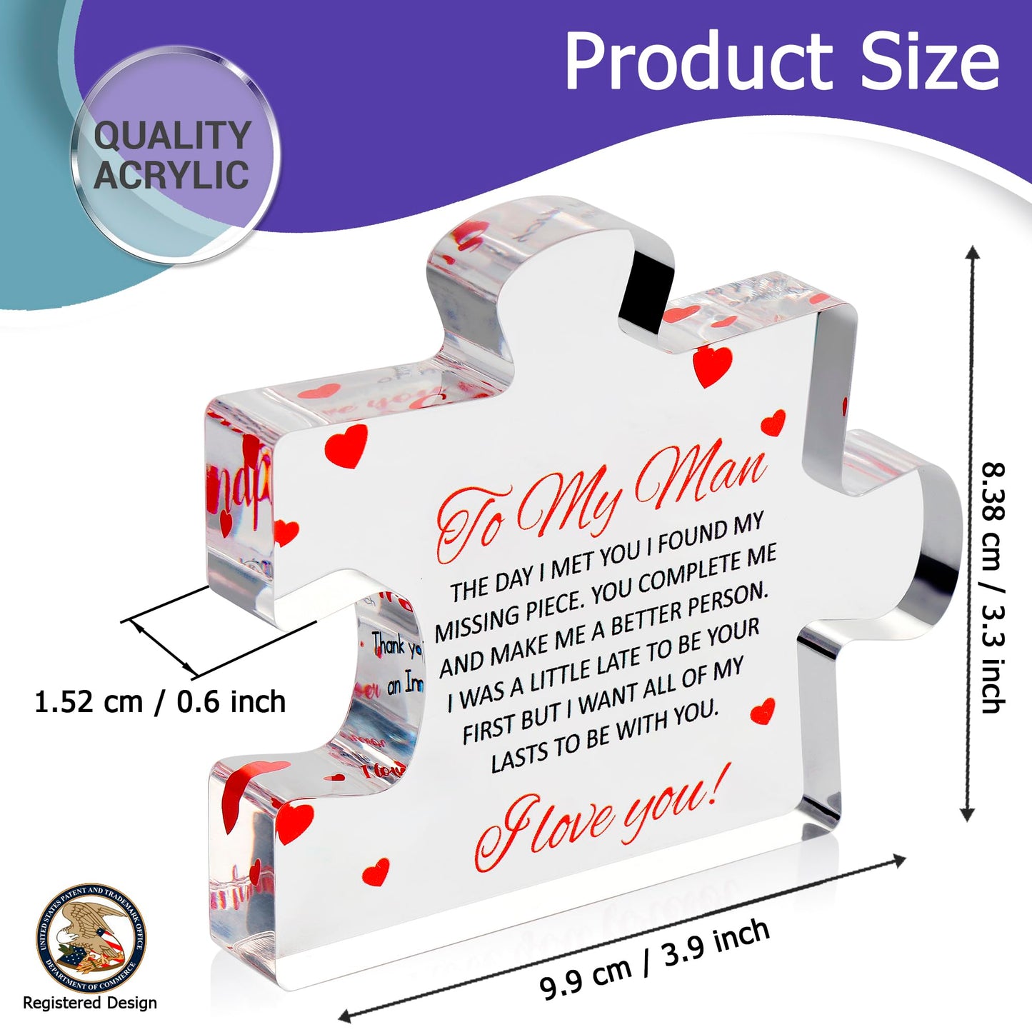to My Man - Engraved Acrylic Block Puzzle 4.1 x 3.5 inch Gifts for Him for Husband - Fiance Birthday Gifts, Valentines Day Gift for Boyfriend - Cool Wedding Couple