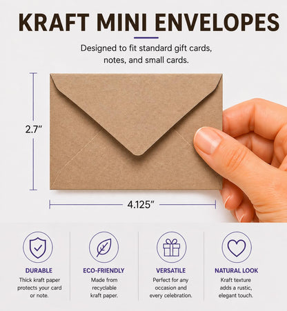 Mini Kraft Envelopes 60 Pack (4’’ x 2.7") – Small Gift Card & Cash Envelopes for Notes, Invitations, Party Favors, Weddings & Holidays