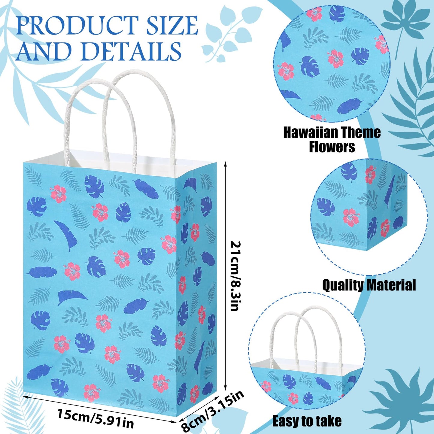 Gilprop 24 Pcs Cute Hawaiian Blue Pink Party Favor Gift Paper Bags with Handle Cartoon Animation Paper Goodie Bags for Birthday Party Supplies Decorations