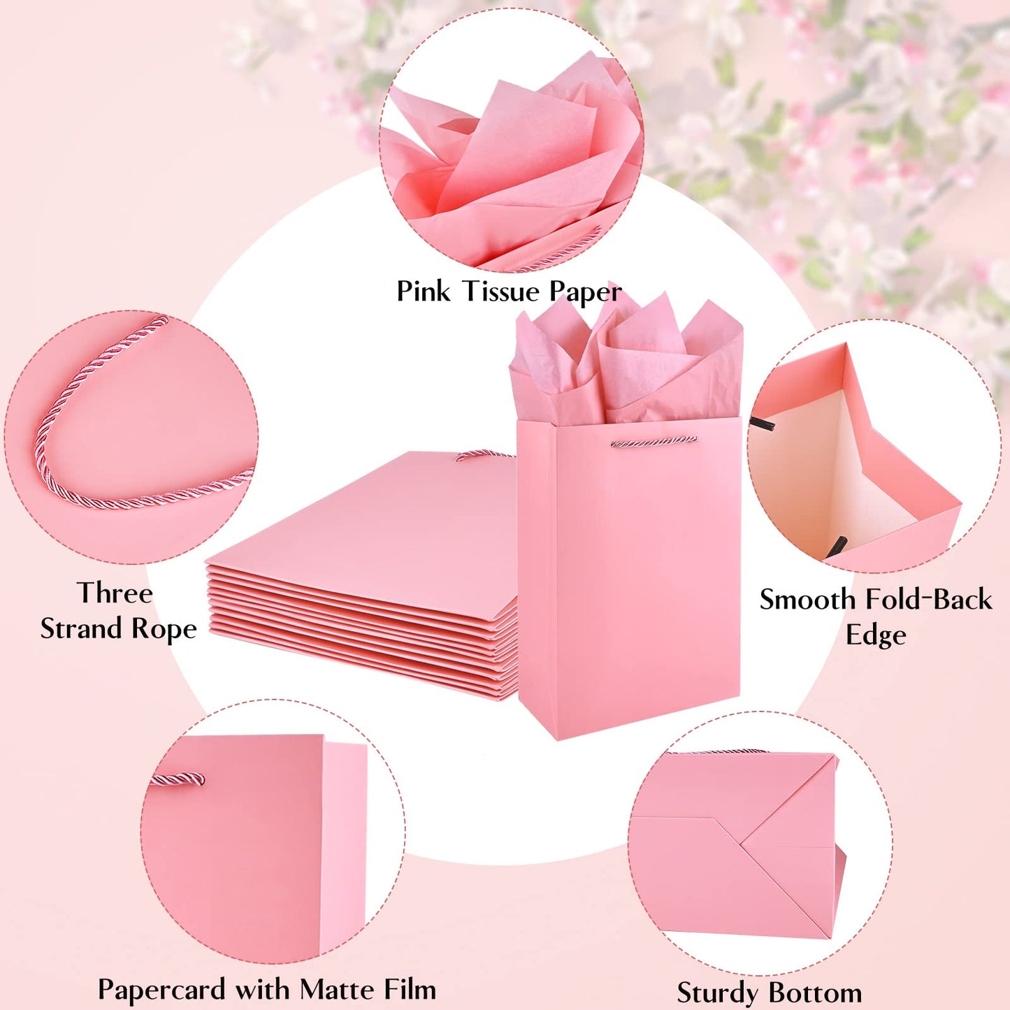 Jutieuo 10 Pack Luxury Pink Gift Bags Medium Size with Tissue Paper, Premium Paper Gift Wrap Bags with Handles for Birthday, Wedding, Holiday, Party - 11" x 8" x 4"