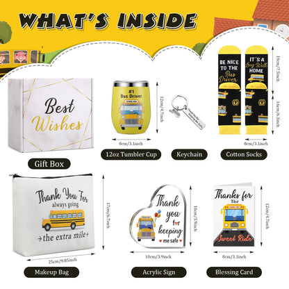 Sliner 7 Pcs Bus Driver Appreciation Gifts for Women Men Stainless Steel Tumbler Keychain Sock Makeup Bag Acrylic Sign Blessing Card Box