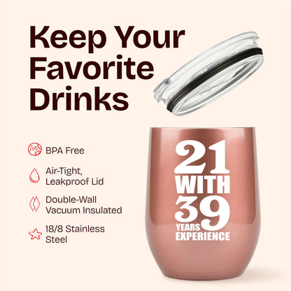 KLUBI 60th Birthday Gifts for Women - 21 With 39 Years Experience Gifts 12oz 60th Birthday Wine Tumbler 60th Birthday Decorations Women Gift Turning 60 th Birthday Gift Funny Mug