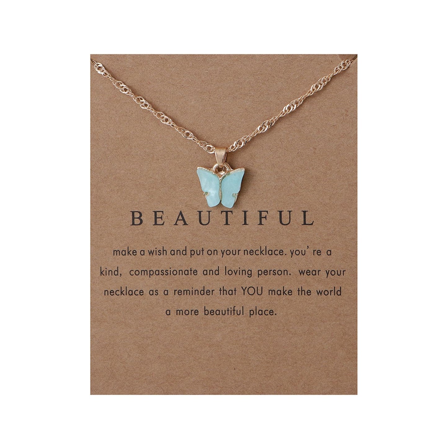 Sweet Cute Colorful Butterfly Adjustable Clavicle Chain Lightweight Arcylic Insect Necklace with Message Card Friendship Good Luck Bohemian Jewelry for Women