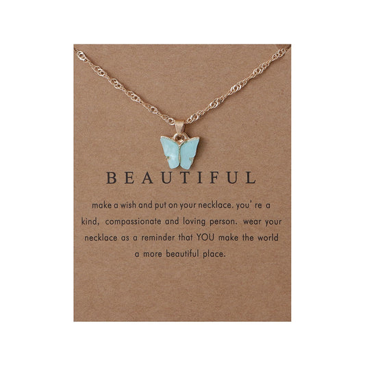 Sweet Cute Colorful Butterfly Adjustable Clavicle Chain Lightweight Arcylic Insect Necklace with Message Card Friendship Good Luck Bohemian Jewelry for Women