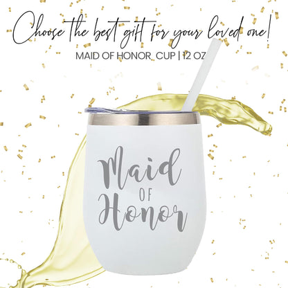 Your Dream Party Shop Maid of Honor Tumbler, 12oz - White Stainless Steel Stemless Wine Cup, Proposal Gifts from Bride - Maid of Honor Gifts Proposal